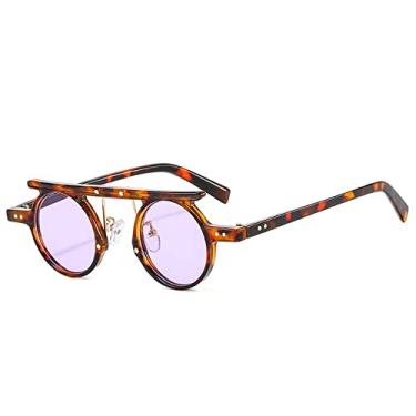 Imagem de Óculos de sol redondos pequenos moda punk feminino retrô transparente oceano gradiente tons de lente UV400 masculino rebites de cor dupla óculos de sol, roxo leopardo, um