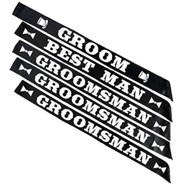 Imagem de Pacote de faixa de festa de casamento do noivo, noivo (x1), padrinho (x1), padrinho (x3) suprimentos de despedida de solteiro decoração lembrancinhas presentes faixas pretas letras brancas kit