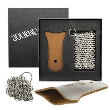 Imagem de The Journey Home Capas de alça de frigideira de ferro fundido - capa de cabo de ferro fundido com esfregão de metal - alça de panela de couro resistente ao calor com furo - acessórios de ferro fundido - conjuntos de presentes para homens - esfregão de malha