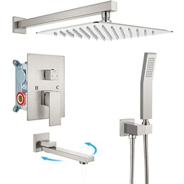 Imagem de Conjunto de torneira de chuveiro de 25,4 cm com montagem em níquel escovado e chuveiro de banheiro com bico de banheira de alta pressão quadrado com pulverizador manual e válvula de