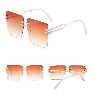 Imagem de Óculos de sol quadrados amarelos vintage femininos de luxo de metal sem aro de grandes dimensões óculos de sol claros uv400 produtos de tendência, chá branco dourado, tamanho único