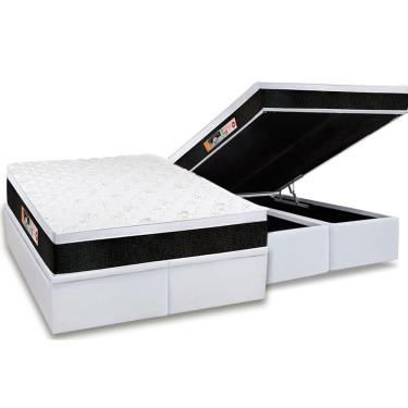 Imagem de Cama Box Baú Queen: Colchão Espuma D45 Castor Black e White Air Euro Pillow + Base crc Courano White(158x198)