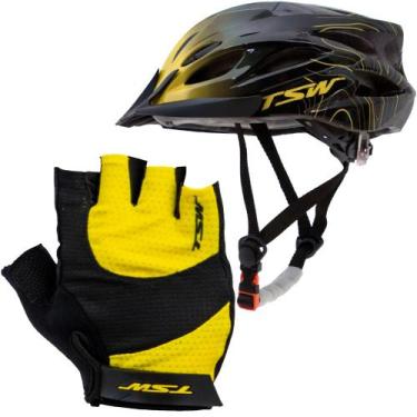 Imagem de Kit Ciclismo Tsw Bike Capacete C/ Led E Viseira Luva Gel