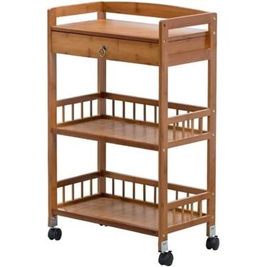 Imagem de Carrinho De Serviço De 3 Camadas Para Armazenamento De Bebidas Carrinho De Rolamento Móvel De Madeira Com Prateleiras De Gaveta Carrinho Com Rodízio Com Trava Fácil De Instalar, Carregar 60 Kg,Mar