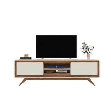 Imagem de Rack/Bancada CHAN 1.50m Para TV Até 55'' 100% MDF Estilo Retrô Com Pés em Madeira 2 Portas Basculantes e Cantos arredondados Cor Off White/Nature