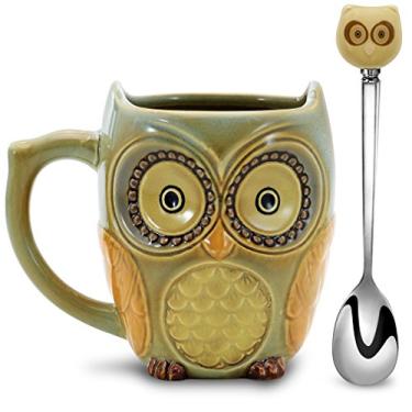 Imagem de Caneca de café SQOWL engraçada coruja fofa cerâmica caneca de café com colher de chá conjunto para mulheres e meninas 340 g ciano, Ciano, 12 ounce