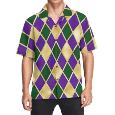 Imagem de CHIFIGNO Camisa masculina havaiana folgada com botões camisa casual manga curta praia verão casamento camisa, Geometria verde roxo dourado Mardi Gras, G