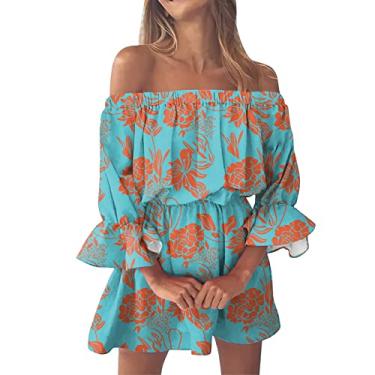 Imagem de Vestidos de verão para mulheres, estampa vintage, sexy, estilo túnica com ombros de fora, vestidos soltos, casuais, Azul-celeste, G