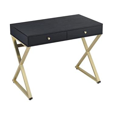 Imagem de Mesa de penteadeira com gavetas, mesa moderna de computador, laptop, escrivaninha, penteadeira de maquiagem com pernas de metal para estudo de quarto (mesa preta com espelho) (mesa de penteadeira
