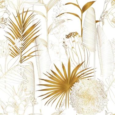 Imagem de Papel de parede floral de crisântemo dourado/branco - papel de contato floral vintage folha de palmeira tropical - papel de parede removível vinil autoadesivo para sala de estar quarto prateleira -
