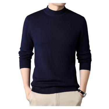 Imagem de Suéter masculino de gola redonda de malha de cor sólida suéter fino justo pulôver camada de base, Azul-escuro, M