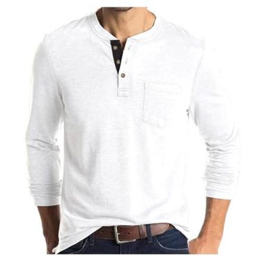 Imagem de Camisetas masculinas casuais com bolso de cor sólida manga comprida com botões atléticos para treino urbano, Branco, P