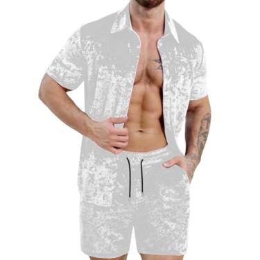 Imagem de ZSJR Conjunto masculino de 2 peças de camisa e shorts de veludo diamante, moda casual de 2 peças, Branco, G