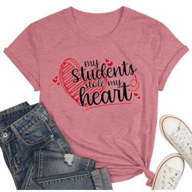 Imagem de WEITUN Camiseta feminina para professor do Dia dos Namorados First Grade Has My Heart Camiseta Teacher Life manga curta, Rosa 3, GG