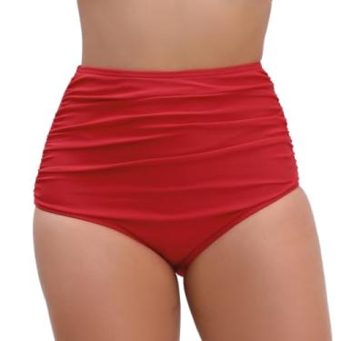 Imagem de JOYBIK Calcinha de biquíni franzida cintura alta feminina com controle de barriga e secagem rápida, Vermelho 3, XXG