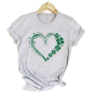 Imagem de kfulemai Camiseta feminina com trevo do dia de São Patrício com estampa de coração de trevo camiseta Get Lucky Tops irlandeses, Cinza-claro - 6, P