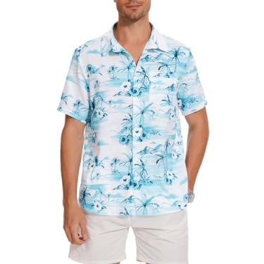 Imagem de EliteSpirit Camisa masculina havaiana manga curta linho botões casual estampa floral camisas de praia com bolso, Azul e branco, 3G