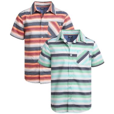 Imagem de DKNY Camisa de botão para meninos - Pacote com 2 camisetas casuais de manga curta - Camisa infantil com colarinho para meninos (4-18), Azul verde/coral azul listrado, 10-12