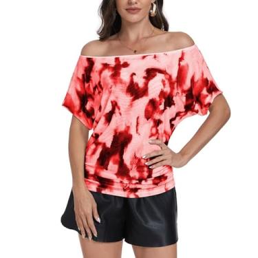 Imagem de Camisetas de verão com estampa de malha dupla de lantejoulas de manga curta, ombros de fora, com glitter, blusa brilhante e caimento solto, Estampa vermelha, M