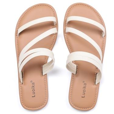 Imagem de Luoika Sandálias femininas planas de largura larga, sandália deslizante com tiras, sapatos elegantes de verão para mulheres., Branco 1007, 10 X-Wide