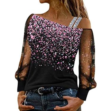 Imagem de Aniywn Camiseta feminina de manga comprida com ombro de fora e lantejoulas de malha com glitter, blusa de festa, clube, blusa Y2K, A9, rosa, M