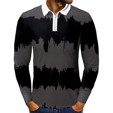 Imagem de ZDDO Camisa polo masculina com zíper manga comprida gola lapela moda tie dye patchwork slim fit casual golfe, 029 - cinza escuro, XXG