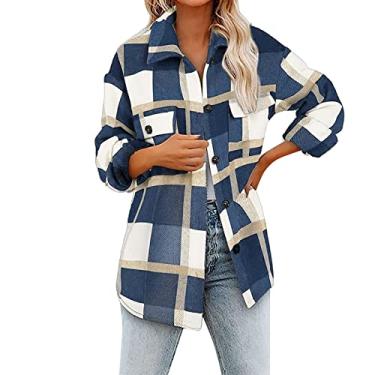 Imagem de JMMSlmax Casaco feminino xadrez de flanela moda inverno casaco trench coat lapela abotoado jaqueta casual casaco shacket, A1 - azul, GG