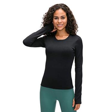 Imagem de Moletom outono gola alta malha yoga wear skin friendly top stretch slim manga comprida camiseta feminina, preto, 6