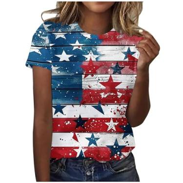 Imagem de 4th of July Camisetas femininas fofas de verão blusas de manga curta gola redonda camiseta bandeira americana caimento solto túnica tops, A02 multicolorido, P