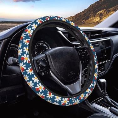 Imagem de Dujiea Capa de volante elástica com margaridas com joaninhas, antiderrapante e durável, acessórios de volante de carro para mulheres e homens, ajuste universal de 38 cm, carro, caminhão, SUV