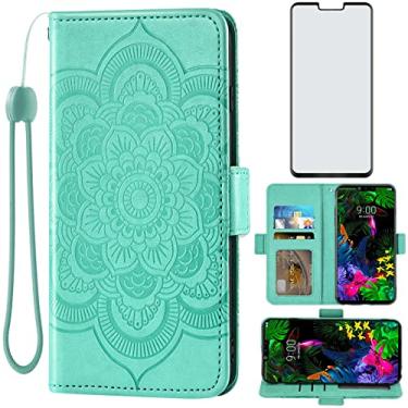 Imagem de Asuwish Capa carteira compatível com LG G8 ThinQ e protetor de tela de vidro temperado de couro com suporte para cartão de crédito para LGG8 Thin Q G 8 LG8 G8thinq LGG8thinq 8G Mulheres Homens Verde