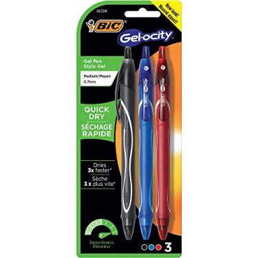 Imagem de BIC Gel-Ocity Canetas de gel de secagem rápida, caneta de gel retrátil de ponta média (0,7 mm), cores sortidas, 3 unidades