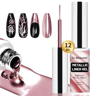Imagem de U-Shinein Forro de gel de pintura metálica de 12 ml, arte de unhas, espelho 3D, efeito cromado, pintura de metal, gel embutido em pincel fino de imersão UV/LED em ouro rosa Striper Gel para salão de