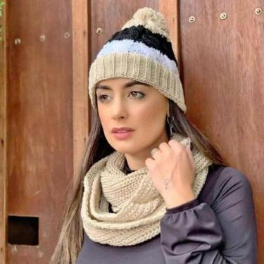 Imagem de Conjunto Touca Pompom Listrada Com Cachecol Gola Lã Macio Quentinho - 