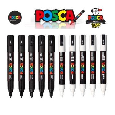Imagem de Kit Caneta Posca Pc-5m C/10 Unidades - 5 Branca e 5 Preta - Uniball