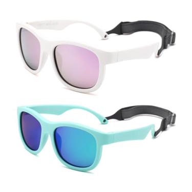 Imagem de Pro Acme Óculos de sol flexíveis polarizados para bebês com alça ajustável para bebês de 0 a 24 meses, (Pacote com 2) A1 Branco/Roxo Espelhado + Verde Espelhado, 40MM