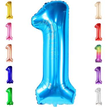 Imagem de Balão azul número 1 para o primeiro aniversário – balões grandes, 101 para aniversário de tubarão bebê | 1 balão de aniversário para decorações azuis de 1º aniversário para meninos | Balão de 1 ano para aniversário
