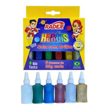 Imagem de Cola Glitter 6 Potes 25g Escolar Brilho Com Relevo Para Decoração Arte