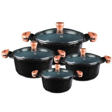 Imagem de Jogo de panelas cerâmica com tampa de vidro e alças madeira - Aluminio