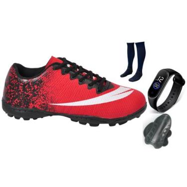 Imagem de Chuteira Society Adulto Infantil com Meião Caneleira e Relogio New - P