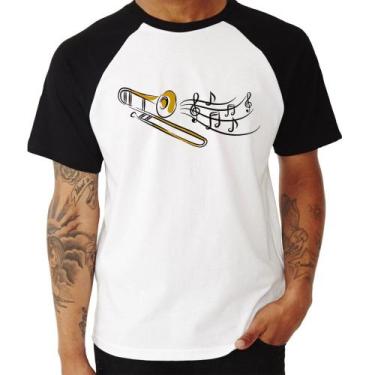 Imagem de Camiseta Raglan Trombone Notas Musicais - Foca na Moda, Branco, Preto,