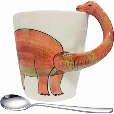 Imagem de Canecas de café de dinossauro de pescoço longo fofas xícaras de chá de dinossauro 3D criativa cerâmica engraçada alça de pescoço com colher de aço inoxidável, 400 ml