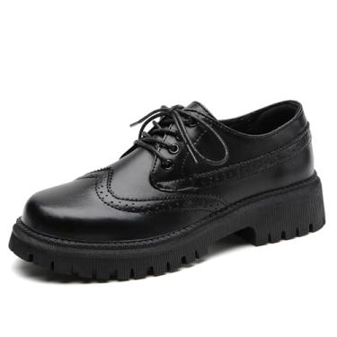 Imagem de IUY Sapatos Oxford vintage femininos plataforma com cadarço bico redondo couro envernizado brogues casuais oxford para meninas senhoras mulheres, Couro preto, 8