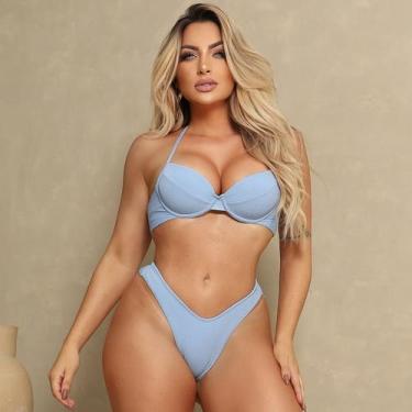 Imagem de conjunto de Biquini top com bojo meia taça e calcinha cintura alta tan