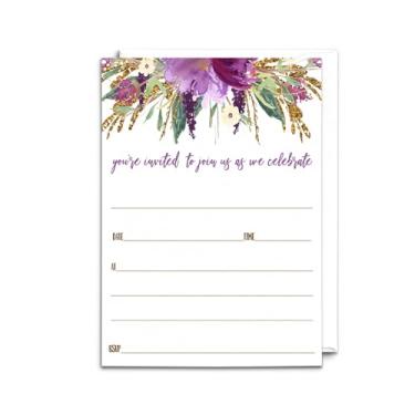 Imagem de Convites e envelopes florais roxos (pacote com 25) Convites de estilo para chá de panela, casamento, chá de bebê, festa de aniversário, qualquer celebração elegante