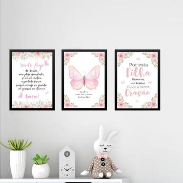 Imagem de Kit 3 Quadros Infantis Cristãos Borboletas Santo Anjo 45x34cm - com vi