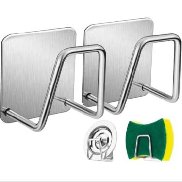 Imagem de Suporte de Parede Multiuso em Aço Inox, Organizador para Pia de Cozinha, 3 Ganchos Autoadesivos