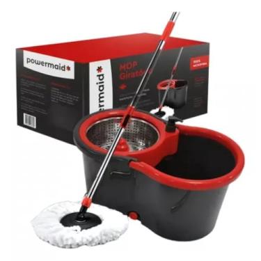 Imagem de Mop Giratório Pró com Balde Duplo, 13L, Cesto Inox Reforçado, Cabo Ajustável 125cm, Refil Microfibra 32cm, Preto e Vermelho (13 Litros Inox)