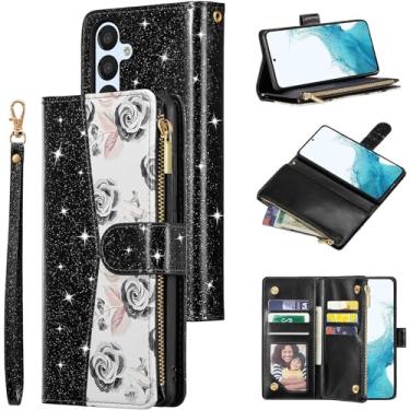 Imagem de UEEBAI Capa carteira para Samsung Galaxy A56 5G, capa de couro PU, fecho magnético, bolsa de mão, bolso com zíper, compartimentos para cartão com alça de mão, capa flip rosa para mulheres - preto