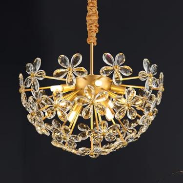 Imagem de lighceac Lustre Sputnik De Cristal Dourado Moderno De 17" Para Sala De Jantar, Sala De Estar, Lustre Hemisférico De Luxo Com Pétalas, 7 Luzes Para Hall De Entrada, Corredor, Luminárias Pendentes El